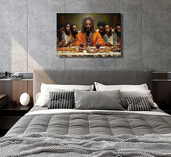 WWN Modern Black Jesus Canvas Wall Art African American The Last Supper Painting Picture Wall Decor Black Man Christian Poster Print Artwork for Kitchen Dining Room Living Room Bedroom Home Decoration