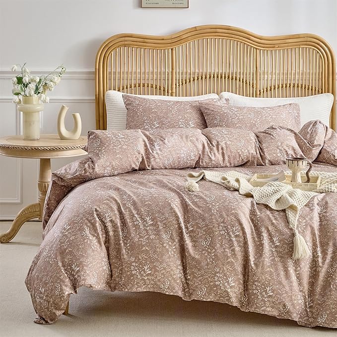 mixinni 3 Pieces Duvet Covers Twin XL Size, 100% Cotton Comforter Cover Wildflower Printed on Khaki Floral Bedding Set with Zipper Closure 4 Ties (1 Duvet Cover 68"x86", 2 Pillow Cases 20"x26")