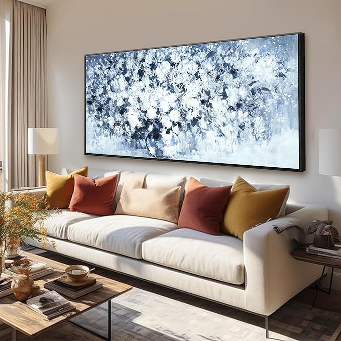 Wall Art Plant Wall Modern Paintings Dark Blue White Floral Canvas Wall Art For Living Room Hand Painted Framed Artwork Poster Botanical Picture Wall Decor For Office Hotel Home Decor 24x48 Inch