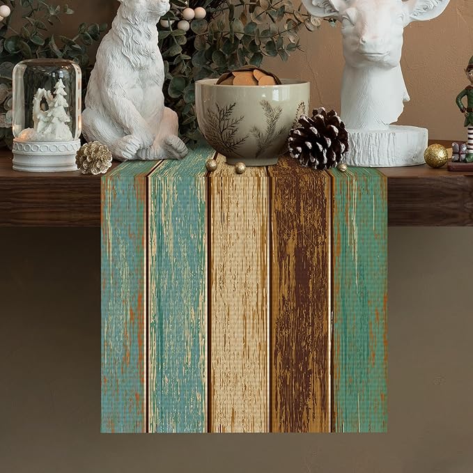 Wood Print Table Runner Seasonal Kitchen Dining Linen Table Decoration for Indoor Outdoor Home Party Dinner 13x72 Inch