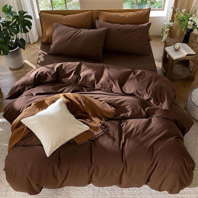 MooMee Bedding Duvet Cover Set 100% Washed Cotton Linen Like Textured Breathable Durable Soft Comfy (Solid Cocoa Brown, Super King 108"x98")