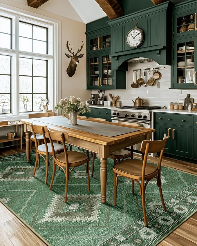 Area Rug 6x9 Rug Machine Washable Rug Non-Slip Low Pile Print Pattern Western Rug for Living Room Bedroom Entryway Tribal Series -Sage