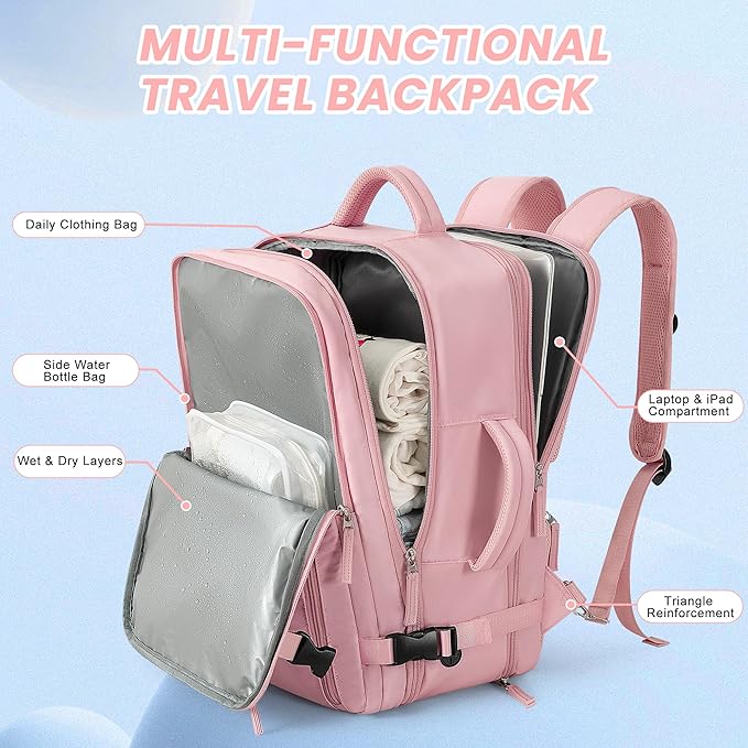 Beraliy Travel Backpack for Women, Airline Approved Bag, Carry On Waterproof Hiking Backpack, 16 inch Laptop Backpack, Overnight Bag, Pink