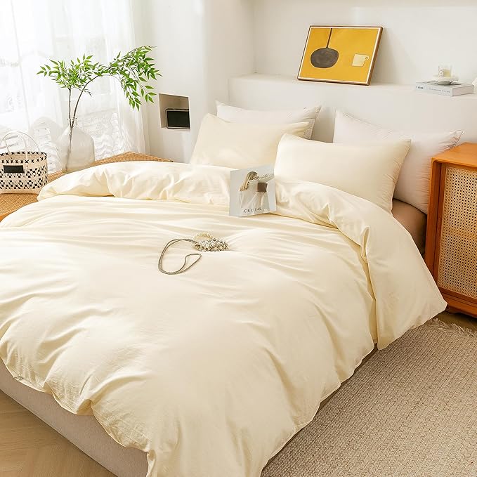 ECOCOTT Duvet Cover King Size - 3 Piece 100% Washed Cotton Bedding Set, Soft & Breathable with Zipper Closure 8 Corner Ties - Comfortable and Stylish for All Seasons (Cream)
