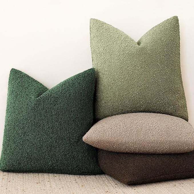 Foindtower Pack of 2 Textured Boucle Throw Pillow Covers Neutral Accent Solid Decorative Pillow Cases Cozy Woven Couch Cushion Case for Sofa Bedroom Living Room Home Decor 20x20 Inch Pine Green