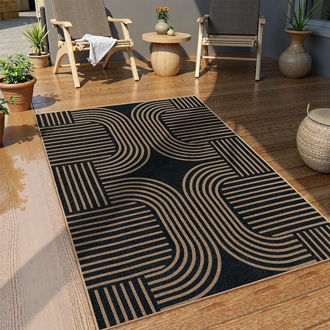 Lahome Modern Geometric Outdoor Easy Jute Rug, 3x5 Indoor Outdoor Rugs for Entryway Black Living Room Carpet, Farmhouse Washable Non Slip Carpet for Patio Courtyard Bedroom