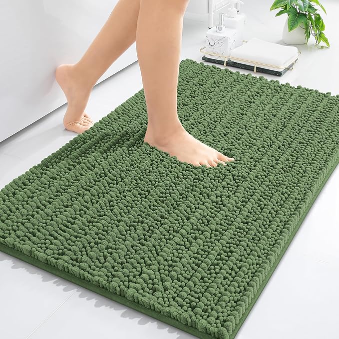 Arotive Luxury Chenille Bathroom Rug Mat, Extra Soft Thick Absorbent Shaggy Bath Rugs, Non-Slip Machine Wash Dry, Plush Bath Mats for Bathroom, Shower and Tub, 30x17, Olive Green