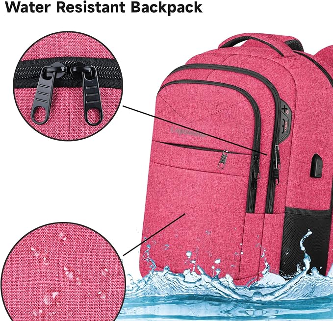 Lapsouno Travel Laptop Backpack, 15.6 Inch Travel Laptop Backpack, Water Resistant Casual Hiking Daypack, Computer Bag with USB Port, College School Business Backpack for Women, Pink