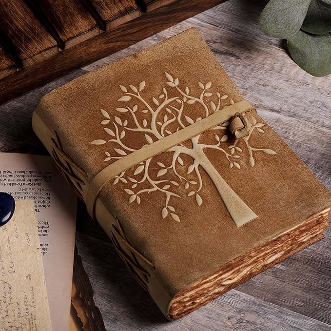 LEATHER VILLAGE Tree of Life Journal - 6 X 4 (A6) inches - Brown - 200 Antique Deckle Edge Handmade Paper – Book of Shadows - Vintage Leather Bound Journal for Women & Men