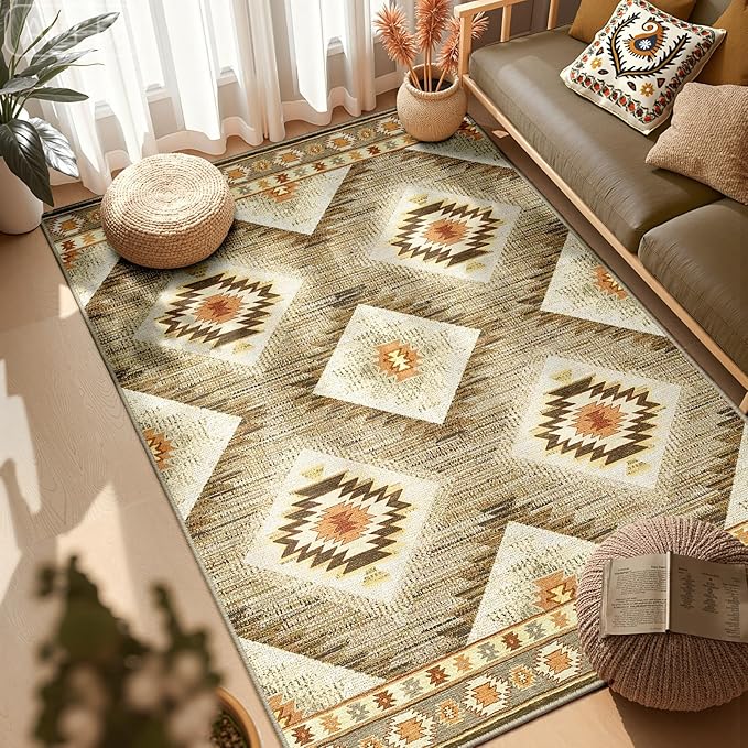 Area Rug 4x4 Rug Machine Washable Non-Slip Low Pile Print Pattern Western Rug for Living Room Bedroom Entryway Tribal Series -Cream/Camel