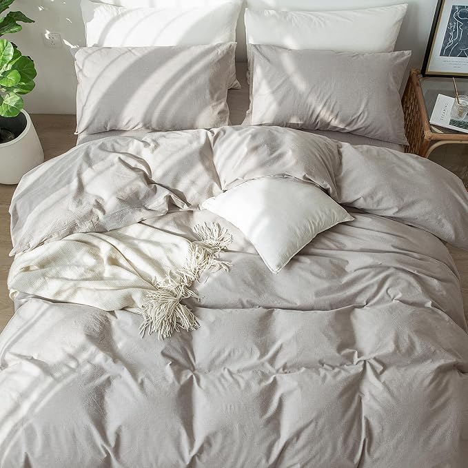 MooMee Bedding Duvet Cover Set 100% Washed Cotton Linen Like Textured Breathable Durable Soft Comfy (Heathered Brownish Grey, King 104"x90")