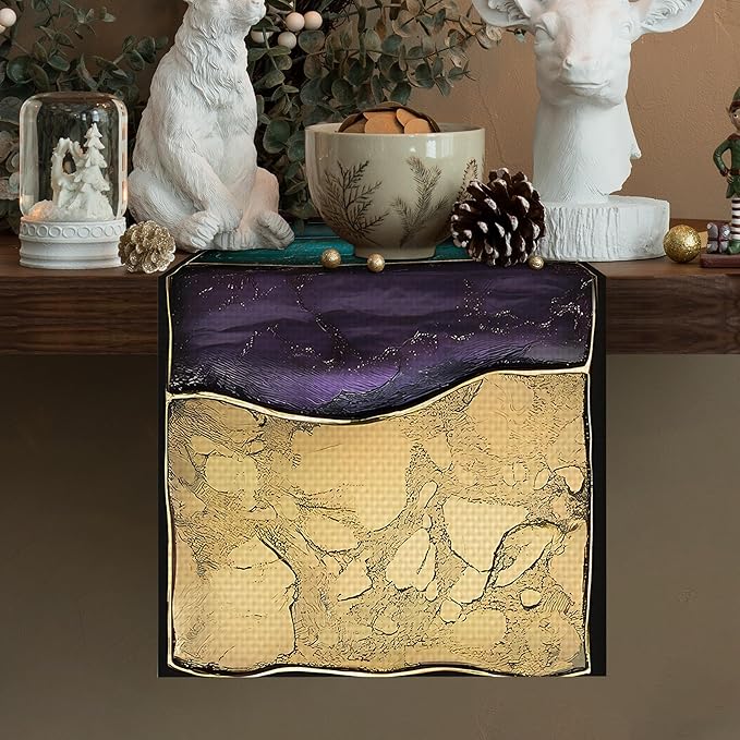 Purple Marblre Burlap Table Runner Seasonal Spring Fall Kitchen Dining Linen Table Decoration for Indoor Outdoor Home Party Dinner 13x72 Inch