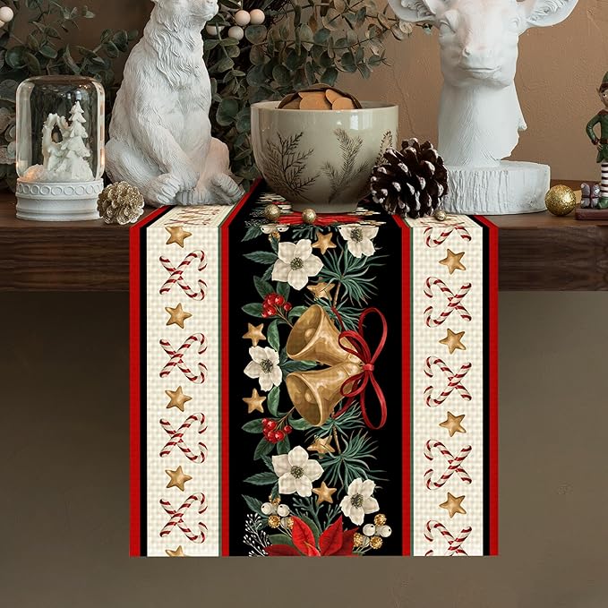 Christmas Bells Table Runner Burlap Kitchen Dining Linen Table Decoration for Indoor Outdoor Home Party Dinner 13x72 Inch