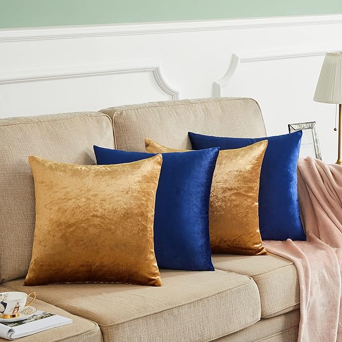 GIGIZAZA Pack of 4 Gold Blue Pillow Covers,16x16 Velvet Throw Pillows Soft Covers Decorative Luxury Couch Square Pillow Covers Modern Living Room Cushion Covers