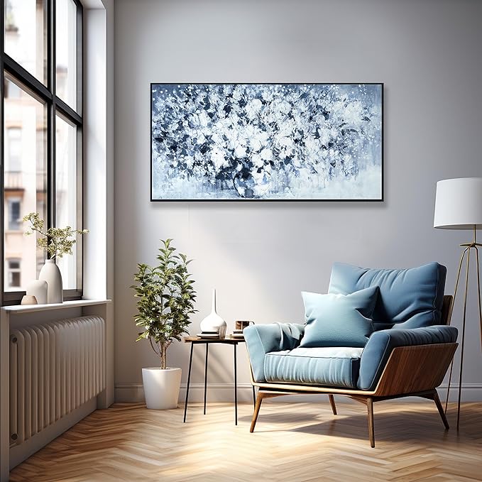 Wall Art Canvas Print Art Dark Blue And White Flowers Botanical Abstract Pictures Artwork For Bedroom Modern Hand Painted Wall Decor Floral Painting Home Decorations With Framed 20x40 Inch