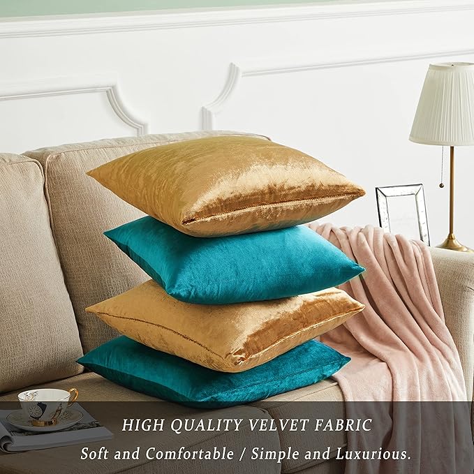 GIGIZAZA Velvet Gold Teal Pillow Covers 18x18，Pack of 4 Decorative Throw Pillow Soft Covers Square Couch Pillow Modern Covers Living Room Luxury Cushion Covers