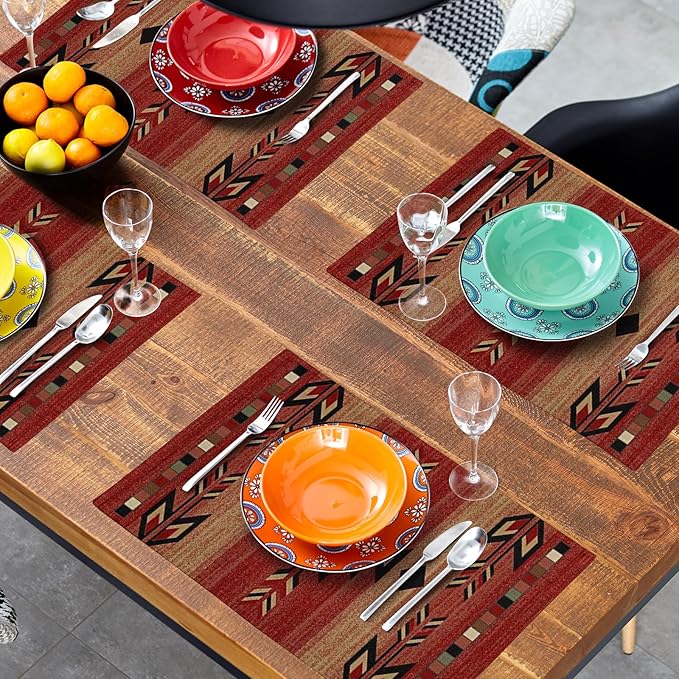 Giwawa Southwestern Placemats Set of 4 Rusty Red Tribal Geometric Decorative Table Mat Antique Native American Heat Resistant Washable Place Mats 12x18Inch for Dining Kitchen Farmhouse Decor