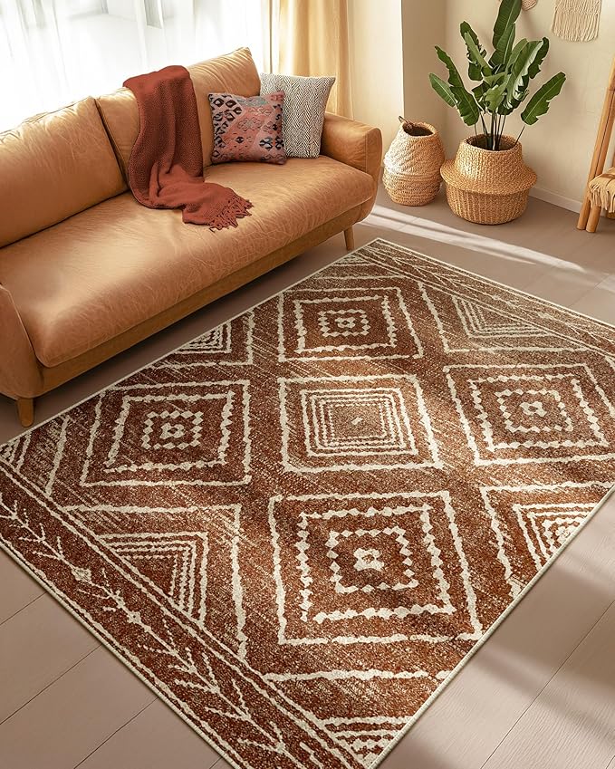 Area Rug 3x5 Rug Machine Washable Non-Slip Low Pile Print Pattern Western Rug for Living Room Bedroom Entryway Tribal Series -Yellowbrown/Cream