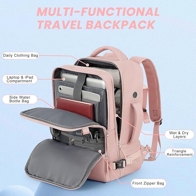 Travel Backpack, Carry on Flight approved Travel Bag with Multi-Pockets, Waterproof 17.3inch Laptop Backpack for Men Women, Pink