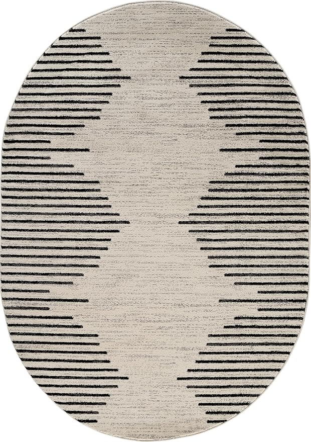 Rugshop Bohemian Stripe Stain Resistant High Traffic Living Room Kitchen Bedroom Dining Home Office Oval Rug 5' x 7' Cream