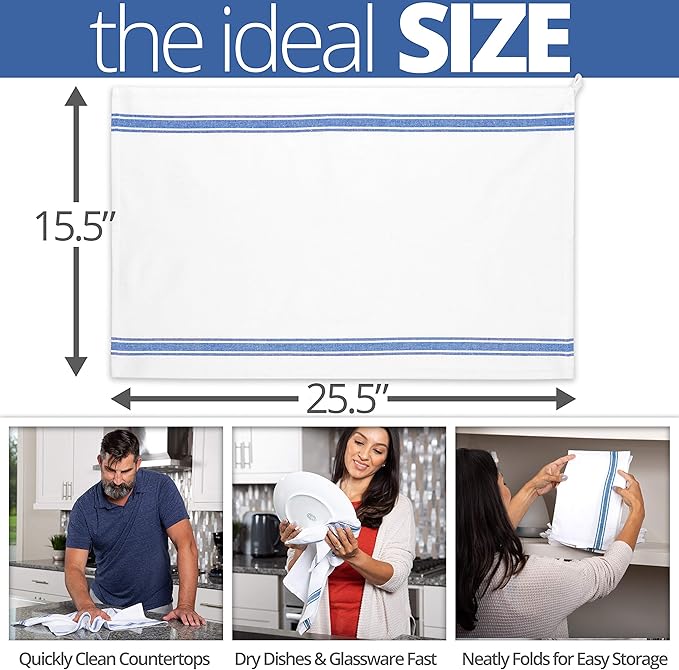 Aunti Em's Kitchen Dish Towels Set (13 Pack) Natural Cotton Fabric for Embroidery - Zero-Lint Cloth for Drying Glasses, Plates, Hand - 25.5 x 15.5 Inch (13-Pack Blue Stripes)