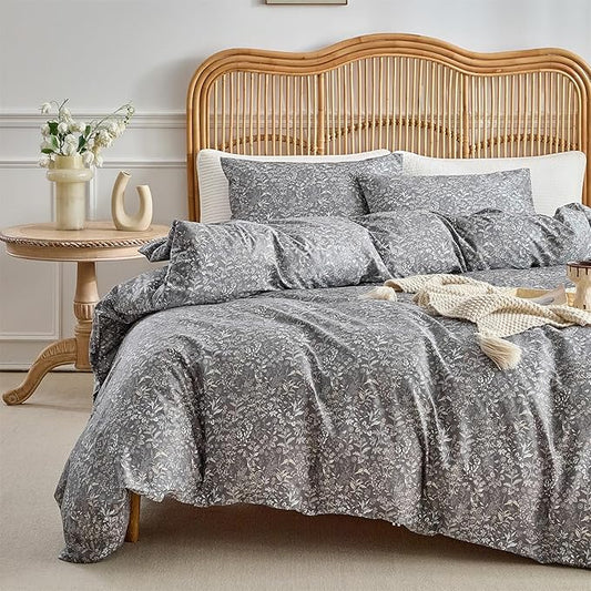 mixinni 3 Pieces Duvet Covers Queen Size, 100% Cotton Comforter Cover Wildflower Printed on Grey Floral Bedding Set with Zipper Closure 4 Ties (1 Duvet Cover 90"x90", 2 Pillow Cases 20"x26")