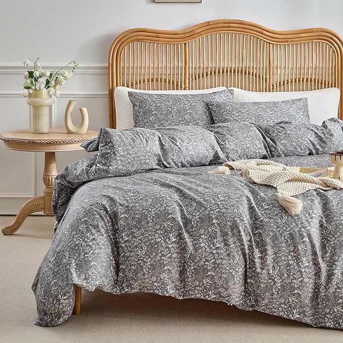 mixinni 3 Pieces Duvet Covers King Size, 100% Cotton Comforter Cover Wildflower Printed on Grey Floral Bedding Set with Zipper Closure 4 Ties (1 Duvet Cover 104"x90", 2 Pillow Cases 20"x36")