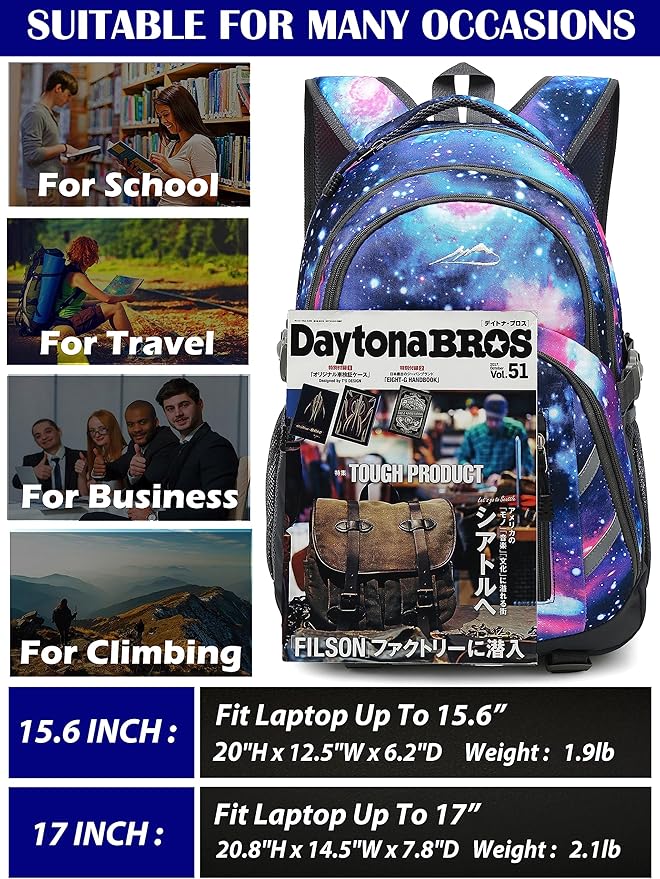 ProEtrade Backpack Bookbag for College Laptop Travel,Fit Laptop Up to 15.6 inch with USB Charging Port Multi Compartment Anti theft, Gift for Women Men (Galaxy)