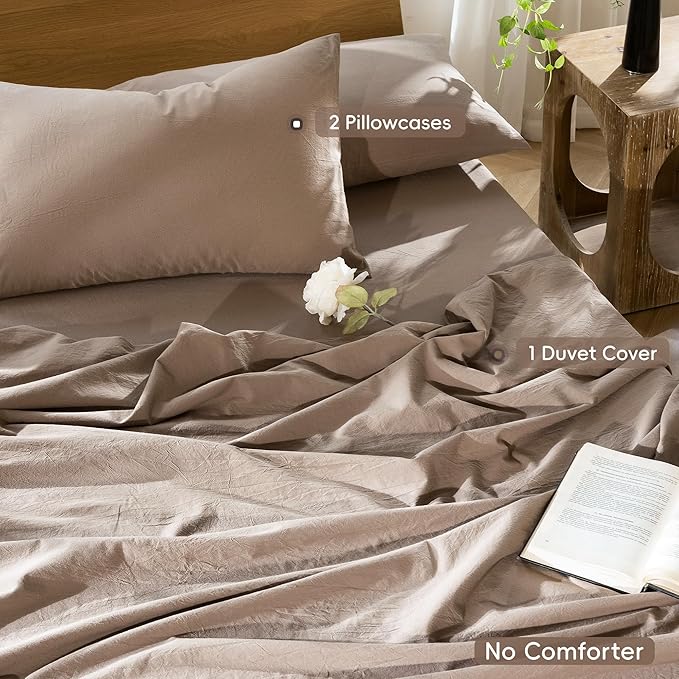 MooMee Bedding Duvet Cover Set 100% Washed Cotton Linen Like Textured Breathable Durable Soft Comfy (Solid Brown, Super King Plus 120"x120")