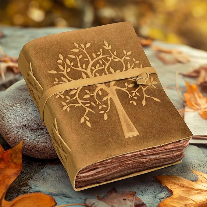 LEATHER VILLAGE Tree of Life Journal - 10 X 7 inches - Sun Tan - 200 Antique Deckle Edge Handmade Paper – Book of Shadows - Vintage Leather Bound Journal for Women & Men