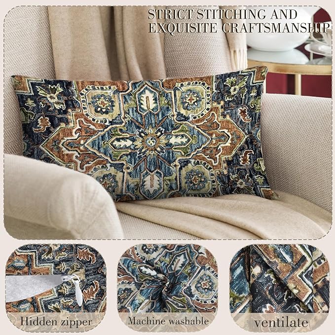 Boho Throw Pillow Covers 12x20 inch Set of 2,Boho Vintage Carpet Pattern Antique Ethnic Decor Double Sided Pattern Cushion Cover Soft Pillow Case Living Sofa Room Bed Square Pillow Cover
