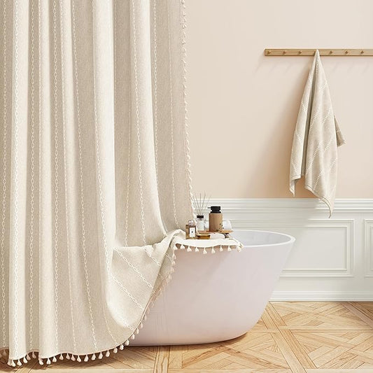 BTTN Stall Fabric Shower Curtain - 54x78 Boho Striped Linen Heavy Duty Tassel Shower Curtain Set with 10 Hooks, Narrow Rustic Modern Farmhouse Bohemian Thick Shower Curtains for Bathroom - Cream/Beige