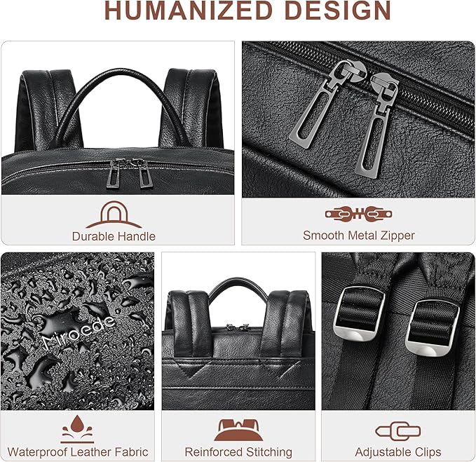 Leather Laptop Backpack for Women 15.6 Inch Laptop Travel Backpack Purse Casual Daypack with Laptop Compartment for College Work Nurse Business Weekender, Black