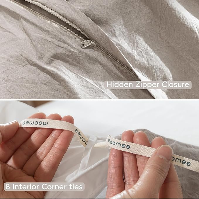 MooMee Bedding Duvet Cover Set 100% Washed Cotton Linen Like Textured Breathable Durable Soft Comfy (Solid Light Tan, Queen 90"x90")