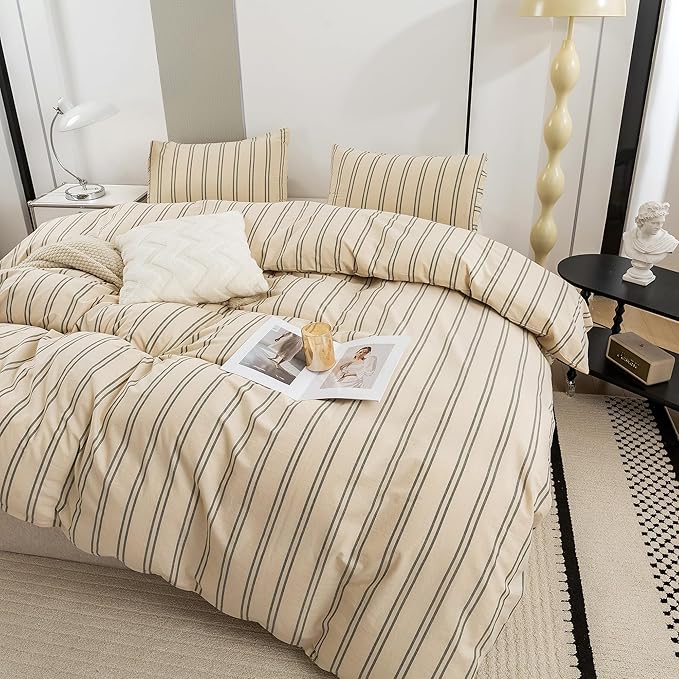 ECOCOTT Duvet Cover Queen Size - Linen Feel Textured Organic Natural 100% Washed Cotton, Reversible Striped Bedding Set with Zipper Closure, Dark Green