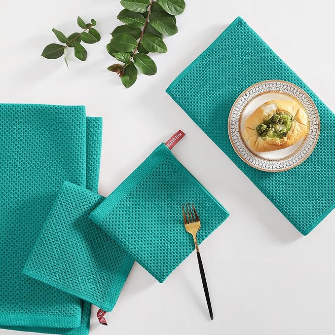 Homaxy 100% Cotton Kitchen Towels and Dishcloths Set, 12 x 12 Inches and 13 x 28 Inches, Set of 8 Bulk Kitchen Towels Set, Ultra Soft Absorbent Dish Cloths for Washing Dishes, Teal