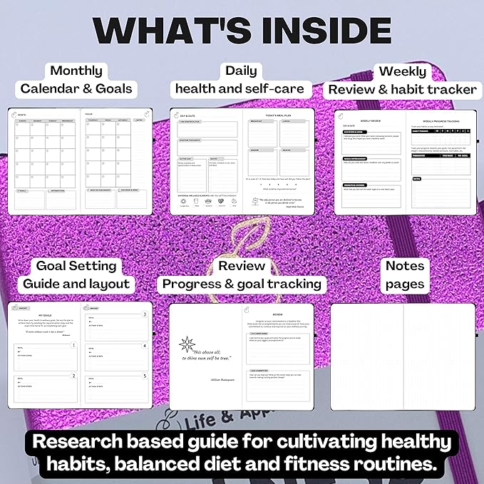 Life & Apples Wellness Journal Planner – Food Log, Fitness Tracker, Habit Tracker, Weight Loss Journal for Diet Tracking and Health Goals, Undated, Size A5 Purple
