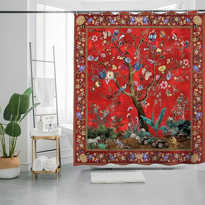 Bohemian Bathroom Curtain Colorful Boho Floral Print Beautiful Bright Polyester Fabric Cloth Shower Curtain for Bathroom Decoration, 72"x72"