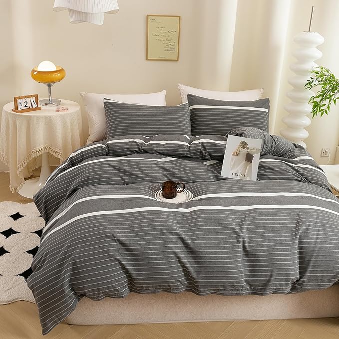 ECOCOTT 3 Pieces Duvet Cover Set King 100% Washed Cotton 1 Duvet Cover with Zipper and 2 Pillowcases, Ultra Soft and Easy Care Breathable Cozy Simple Style Bedding Set(Grey Stripes)