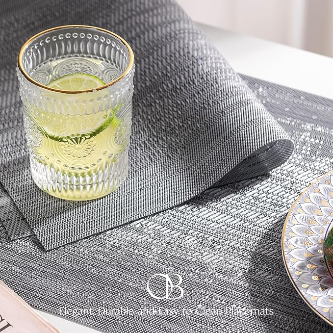 Placemats Set of 6 - Easy Clean Woven Vinyl Placemat for Dining Table, Indoor/Outdoor Place Mats, Washable PVC Table Mats（Gray）
