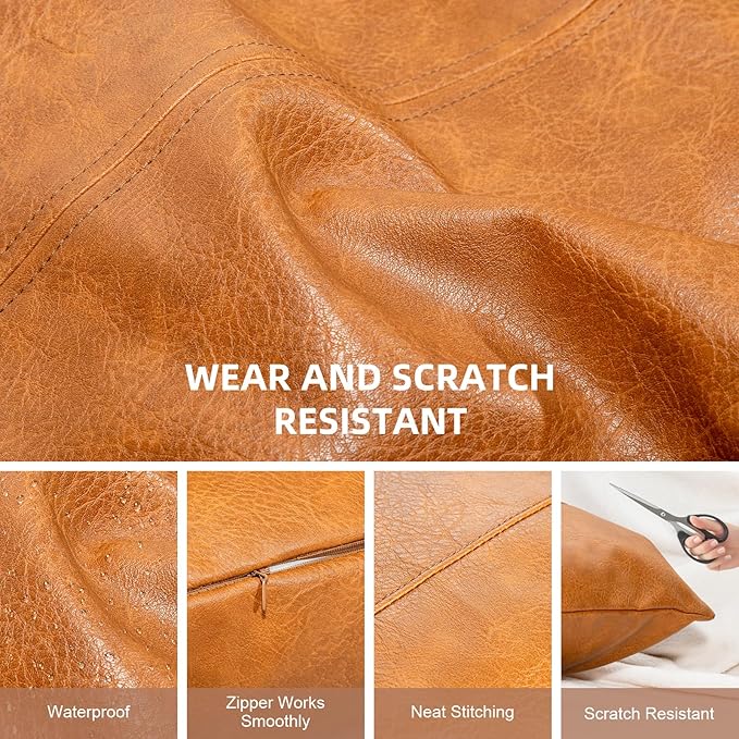 Faux Leather Throw Pillow Covers 22X22 Inch Set of 2 Brown Outdoor Modern Farmhouse Solid Decorative Pillow Covers for Room Couch Living Bedroom Bed Sofa