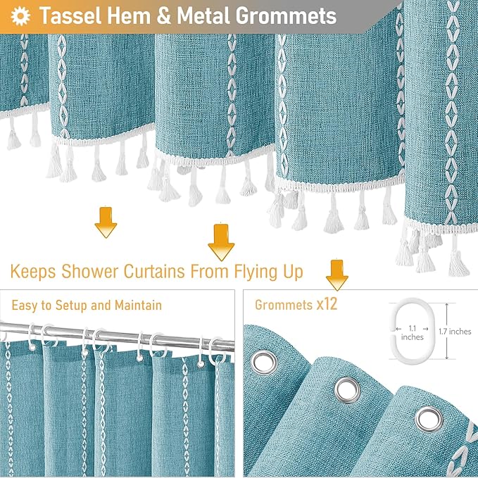BTTN Extra Long Shower Curtain, 72x84 Boho Rustic Striped Linen Fabric Shower Curtain Set with Tassel, Tall Farmhouse Luxury Water Resistant Cloth Shower Curtain for Bathroom with Hooks, Teal
