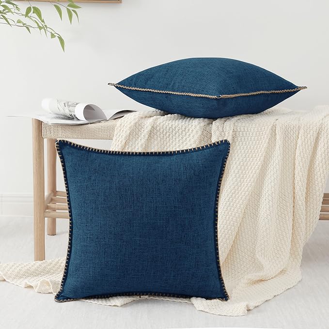 decorUhome Decorative Outdoor Throw Pillow Covers 24x24 Set of 2, Square Linen Rustic Neutral Farmhouse Euro Pillow Covers with Stitched Edge for Couch, Sofa, Living Room, Dark Blue