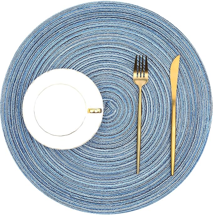 SHACOS Round Braided Placemats Set of 4 Dining Table Placemats 15 inch Circle Place Mats Easy to Clean Table Mats Indoor Outdoor, Blue Gray