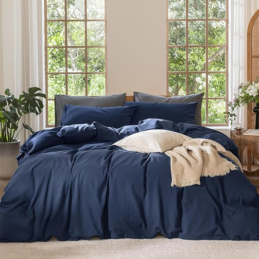 MooMee Bedding Duvet Cover Set 100% Washed Cotton Linen Like Textured Breathable Durable Soft Comfy (Solid Navy, Queen 90"x90")
