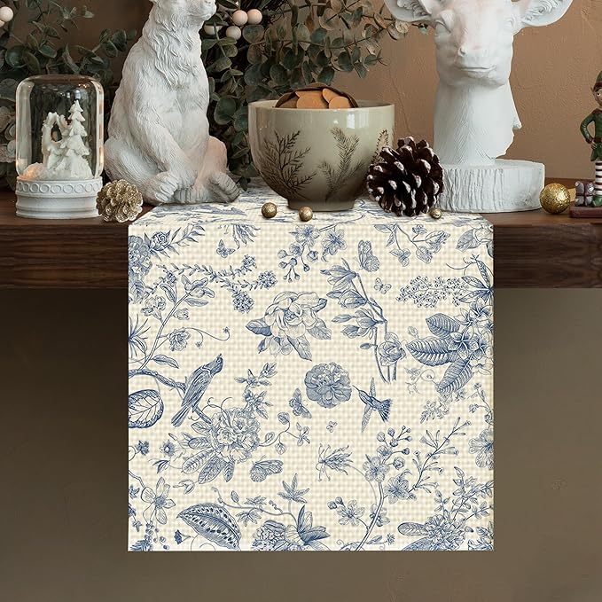 Blue Flower Burlap Table Runner Seasonal Spring Fall Kitchen Dining Linen Table Decoration for Indoor Outdoor Home Party Dinner 13x72 Inch