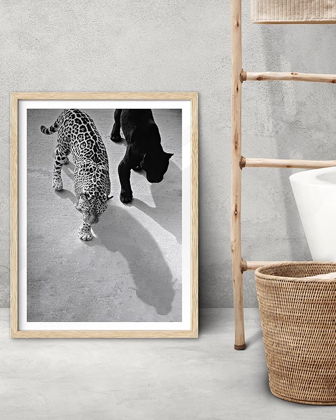 EcoHest Cheetah and Jaguar Walking Framed Wall Art, Large 16x20 in OAK Wood Vintage Black and White Funny Bathroom Canvas Art, Fashion 1950s Decor, Beige Logs Set of 1 for Bedroom Living Room