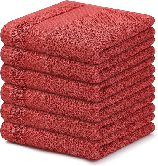 Homaxy 100% Cotton Dish Cloths, 6 Pack - 12 x 12 Inches, Waffle Weave Super Soft and Absorbent Dish Towels Quick Drying Dishcloths, Red