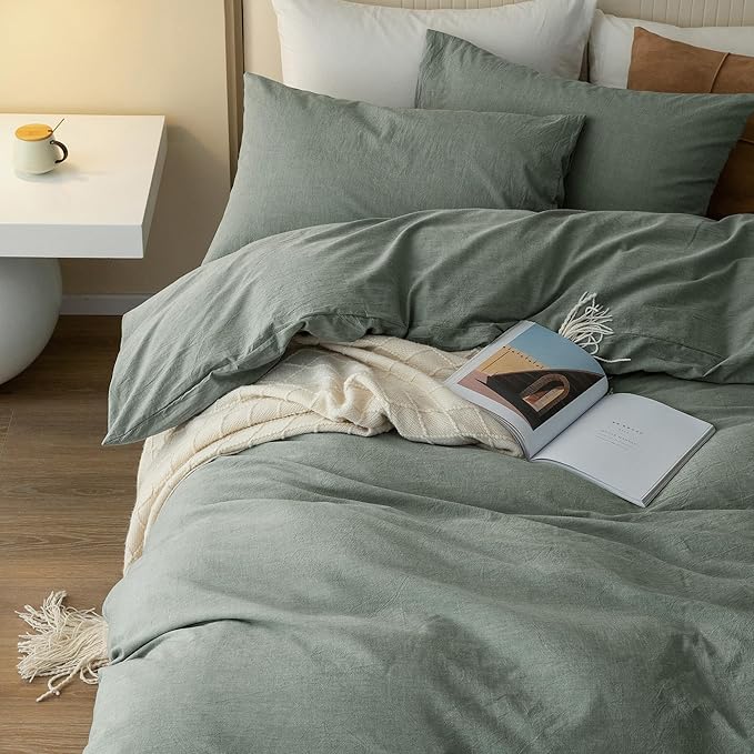 JIYUAN 100% Washed Cotton Duvet Cover Set 3 Pieces Oversized Queen, 1 Duvet Cover 98x98 Inches(Comforter Not Included) and 2 Pillowcases,Linen Feel Bedding Set Comfy and Breathable, Heathered Green