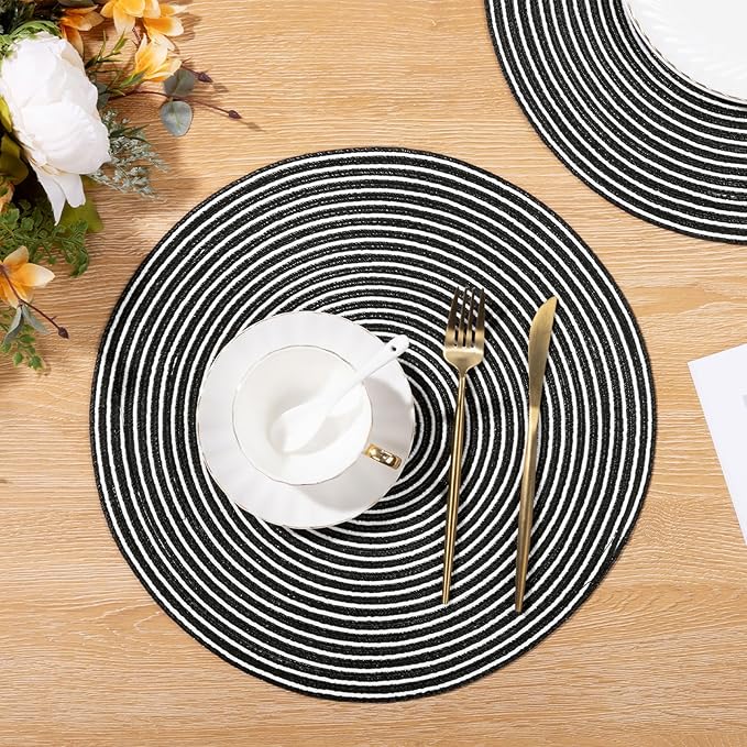 SHACOS 15 inch Round Braided Placemats Set of 6 Non Slip Washable Fabric Kitchen Table Place Mats Heat Resistant Table Mats for Home Wedding Party, Black White